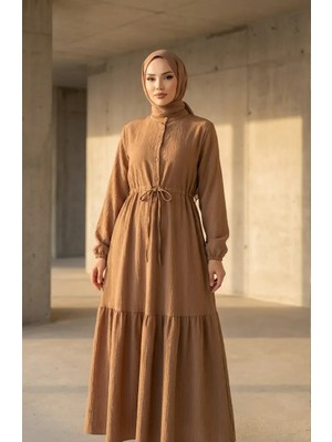 Beli Bağcıklı Yarım Düğmeli Elbise 0183-05 Camel