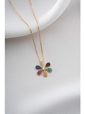 Two Arts Kadın 925 Ayar Gümüş Renkli Çiçek Kolye | 14K Altın Kaplama