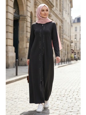 Fermuarlı Taşlı Ferace 71179-04 Siyah