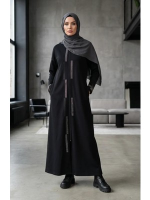 Fermuarlı Taşlı Ferace 71181-03 Siyah