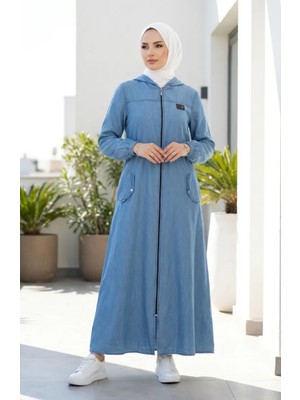 Tensel Kumaş Kapüşonlu Fermuarlı Ferace 1601-01 Mavi
