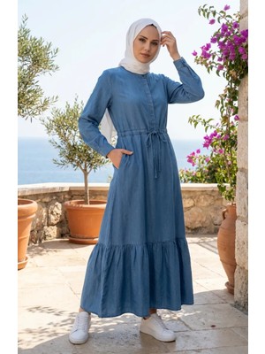 Tensel Kumaş Beli Bağcıklı Büzgülü Kot Elbise 2826-02 Mavi