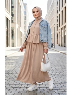 Sefa Merve Aerobin Kumaş Fırfırlı Tesettür Ikili Takım 4145-03 Bej
