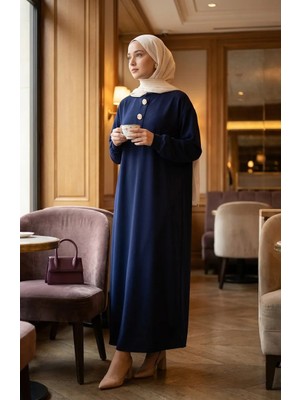 Sefa Merve Düğme Detaylı Tesettür Elbise 2193-05 Lacivert