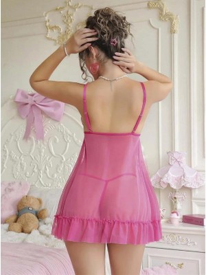 Amora Secret Özel Tasarım  Fuşya Dantel Işlemelı Göğüs Dekoltelı Fıyonklu Fantezı Strıng Tül Gecelık Takımı