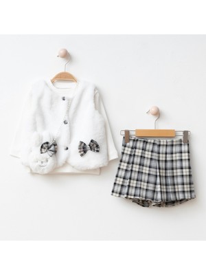 Ilay Kız Çocuk Peluş Yelek,pileli Etek ,peluş Çanta ve Penye 4'lü Kombin– Fiyonk Detaylı, Çantalı