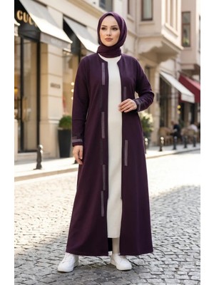 Fermuarlı Taşlı Ferace 71181-04 Mürdüm