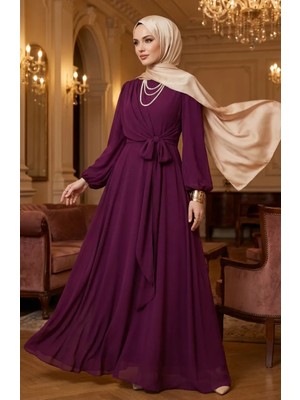Belden Bağlamalı Tesettür Abiye Elbise 5702-05 Mürdüm