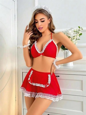 Amora Secret Özel Tasarım  Kırmızı Beyaz Dantel Işlemeli Fantezi Hizmetçi Kostümü
