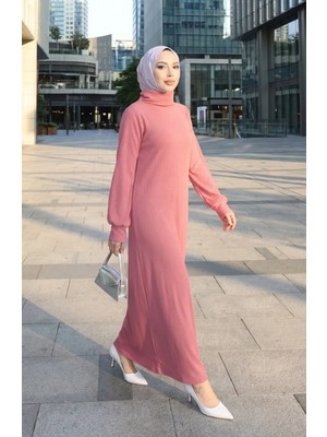 Boğazlı Yaka Fitilli Tesettür Elbise 2188-05 Pudra