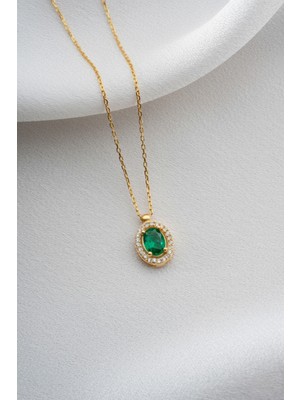 Two Arts Kadın 925 Ayar Gümüş Zümrüt Mayıs Doğum Taşlı Baget Kolye Oval | 14K Altın Kaplama