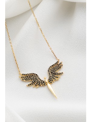 Two Arts Kadın 925 Ayar Gümüş Siyah Zirkon Taşlı Mikail Meleği Kolye | Hediye Kutusunda