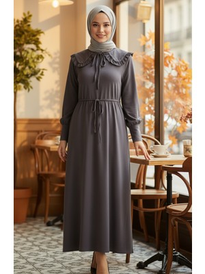 Fırfır Yaka Bağcıklı Tesettür Elbise 2208-04 Antrasit