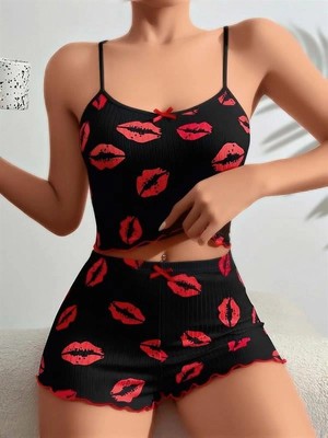 Amora Secret Özel Tasarım Pamuklu Kiss Öpücük Desen Siyah Fitilli Şortlu Pijama Takımı