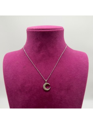 Mare Accessories Zirkon Taşlı Gümüş Ay Figürlü Çelik Kolye