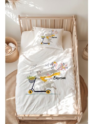 Lilabio %100 Pamuk Isme Özel Isimli Montessori Yatak Nevresim Takımı (100X200 Cm) Tavşan