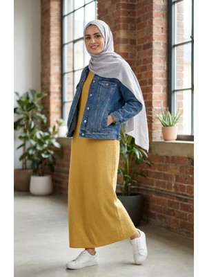 Dokulu Örme Kumaş Kışlık Elbise 2511-06 Hardal