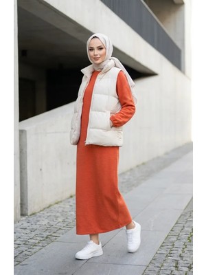 Dokulu Örme Kumaş Kışlık Elbise 2511-07 Oranj