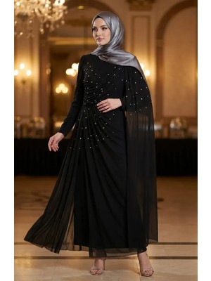 Taş Işlemeli Drape Detaylı Tesettür Abiye Elbise 5700-02 Siyah