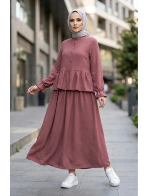 Aerobin Kumaş Fırfırlı Tesettür Ikili Takım 4145-07 Gül Kurusu