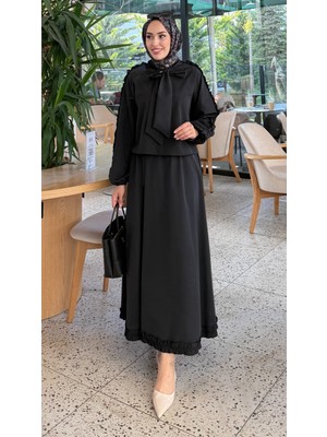 Tesettür Diyarı Kadın Kolları Fırfır Detaylı Trikoton Kumaş Tesettür Takım-Siyah