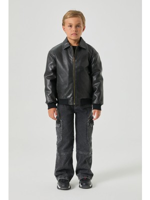 Guess Bg Store Siyah Deri Ceket 7 Yaş Erkek Çocuk İçin Gömlek Yaka Standart Kalıp