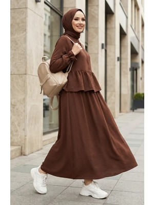 Aerobin Kumaş Fırfırlı Tesettür Ikili Takım 4145-02 Kahverengi