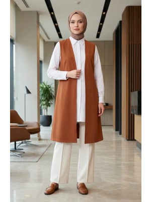 Büyük Beden Mevsimlik Basic Yelek Anne Yelek 8747B-01 Taba