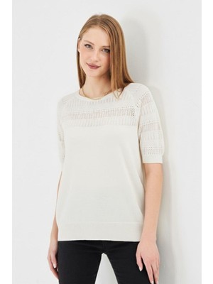 Irmak Kerekli Kadın Bisiklet Yaka Ajurlu Kısa Kol Baharlık Bluz 1701 Ekru