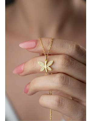 Two Arts Kadın 925 Ayar Gümüş Zirkon Taşlı Yusufçuk Kolye | 14K Altın Kaplama