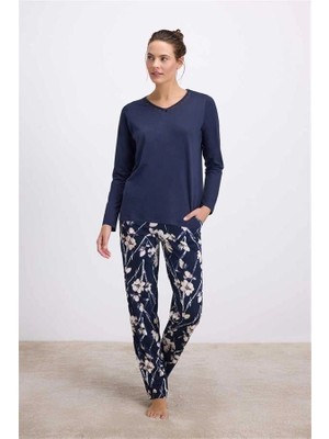 Amora Secret Özel Tasarım  Çiçek Desenli Uzun Kollu T-Shirt ve Pantolon Pijama Takımı