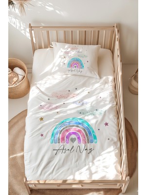 Lilabio %100 Pamuk Isme Özel Isimli Montessori Yatak Nevresim Takımı (100X200 Cm) Gökkuşağı