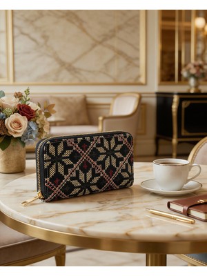 Zaytoon Filistin Geleneksel Gold Nakışlı Tek Fermuarlı Kadın Büyük Cüzdeni 14*9 cm A100031