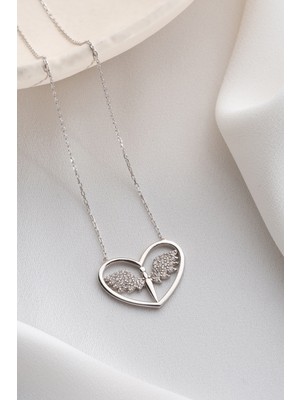 Two Arts Kadın 925 Ayar Gümüş Melek Kanadı ve Kalp Zirkon Taşlı Kolye | Hediye Kutusunda