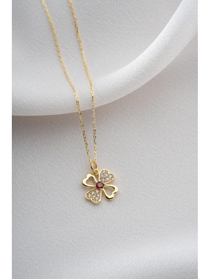 Two Arts Kadın 925 Ayar Gümüş Yarım Zirkon Taşlı Yonca Kolye | 14K Altın Kaplama