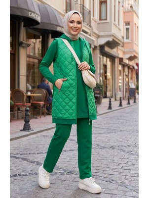 Sefa Merve Kapitoneli Yelekli Üçlü Takım 70060-03 Zümrüt Yeşili