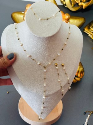 By Song Aksesuar Çelik Zincirli Gerç Incili Kolye Bileklik Küpe Seti