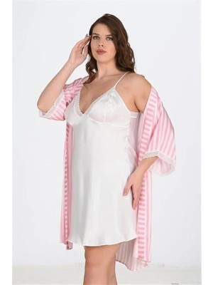 Amora Secret Özel Tasarım  2'li Beyaz-Pembe Sabahlık Takımı Bigsize 6210