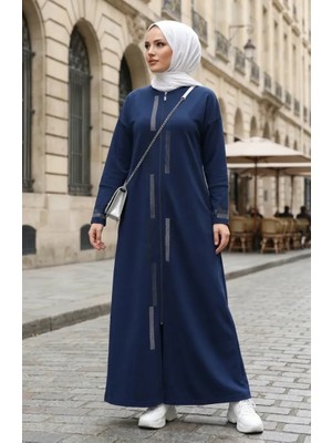 Fermuarlı Taşlı Ferace 71181-02 Indigo