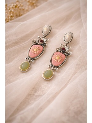 Mirada Jewelry Vintage Çiçek Motifli Renkli Büyük Kadın Küpe