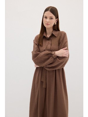 Merve Gültekin Nakışlı Modal Elbise Kahverengi