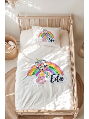 Lilabio %100 Pamuk Isme Özel Isimli Montessori Yatak Nevresim Takımı (100X200 Cm) Minnie & Gökkuşağı