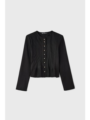 Merve Gültekin Nervürlü Çelik Interlok Hırka Siyah