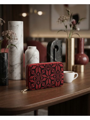 Zaytoon Filistin Geleneksel  Kırmızı Nakışlı Tek Fermuarlı Kadın Büyük Cüzdeni 14X9 cm A100029