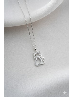 Two Arts Kadın 925 Ayar Gümüş Zirkon Taşlı Kedi Kolye | 925 Gümüş