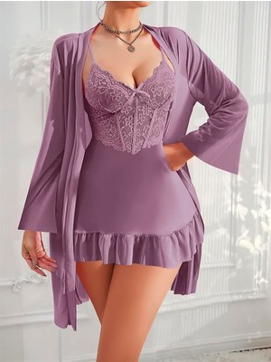 Amora Secret Özel Tasarım Özel Tasarım Dantel Işlemeli Fırfırlı Sabahlıklı 2'li Mor Gecelik Takımı