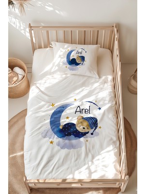 Lilabio %100 Pamuk Isme Özel Isimli Montessori Yatak Nevresim Takımı (100X200 Cm) Uyuyan Ayıcık