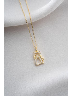 Two Arts Kadın 925 Ayar Gümüş Zirkon Taşlı Kedi Kolye | 14K Altın Kaplama