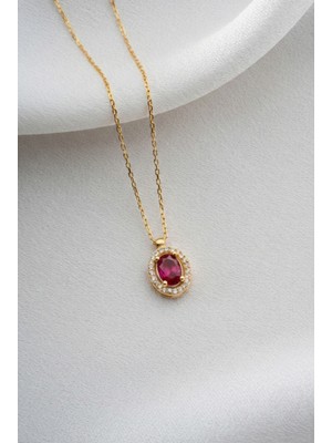 Two Arts Kadın 925 Ayar Gümüş Yakut Temmuz Doğum Taşlı Baget Kolye Oval | 14K Altın Kaplama