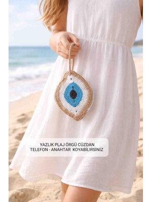 Yağmur Plaj Cüzdanı Telefon Kılıfı Yazlık Tatil Deniz Cüzdan Nazar Boncuk El Örgüsü %100 Pamuk Makrome